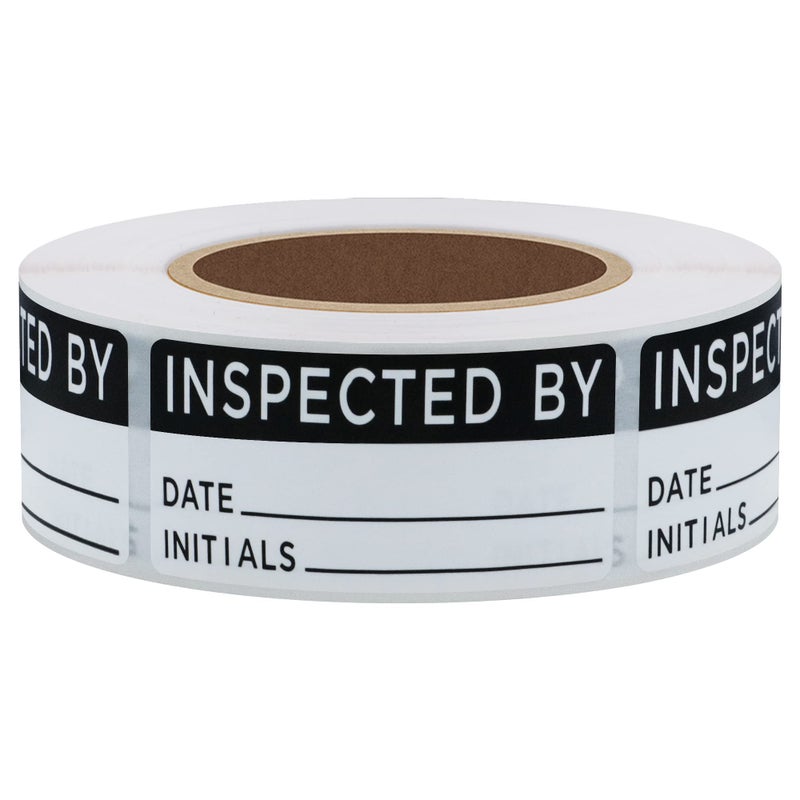 Hybsk White and Black Inspected by Labels for Inventory 1 x 2 Inch Rectangle 500 Adhesive Stickers On A Roll - Image 1